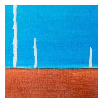 Abstract oil painting blue upper section with three white stripes over an orange plane