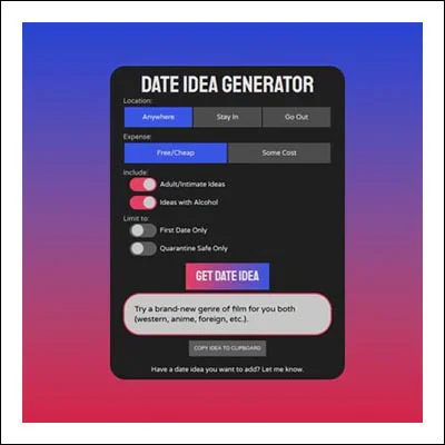 Screenshot of the date idea generator app
