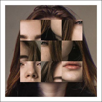 a jumbled grid of photo of a young woman's face