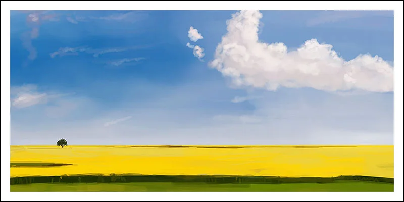 Digital painting of yellow field and a single tree