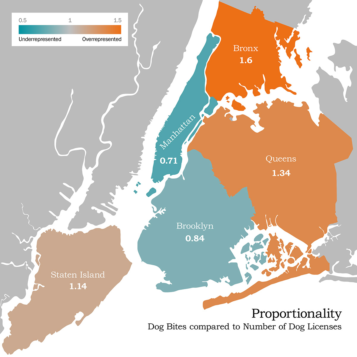 Map of New York boroughs ratio of dog bites to dog licenses